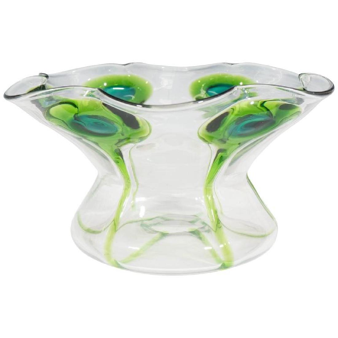 Stuart & Sons Cairngorm Hand-Blown Glass Low Vase: Stuart & Sons "Cairngorm" early 20th Century hand-blown glass stout vase, Art Nouveau manner, with folded rim and waisted middle green and turquoise peacock eye trails. 5.25" H x 10" diameter.