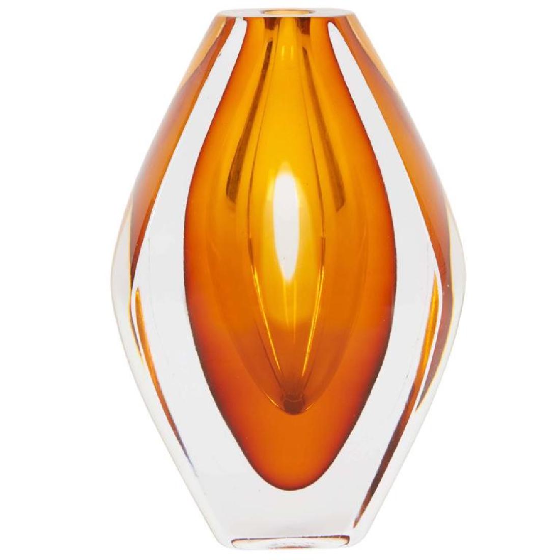 Kosta Boda Mona Morales-Schildt Ventana Glass Vase: Mona Morales-Schildt's Sommerso glass vase from the Swedish company Kosta Boda's Ventana series, glass vase, circa 1960s, orange interior encased in a clear faceted layer, makers mark on the bottom of