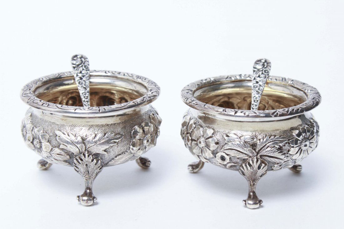 Silver "Baltimore Rose" Open Salts w Spoons, Pair (1 of 10)