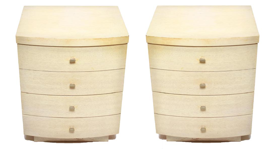 Jay Spectre-Manner Cerused Oak End Tables, Pair: Jay Spectre-manner modern cerused or pickled oak end tables / night stands with curved fronts and four drawers on raised rectangular bases, pair. 26" H x 20 " W x 17" D.