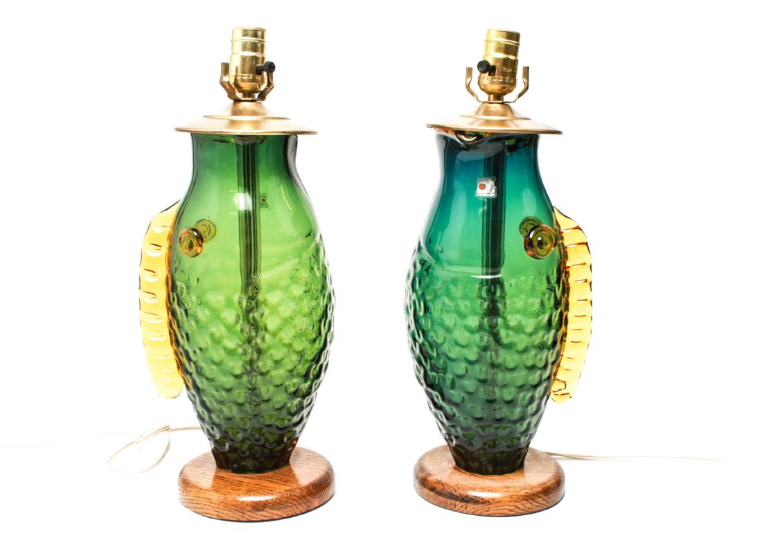 Blenko Hank Adams Art Glass Fish Table Lamps, Pr (1 of 9)