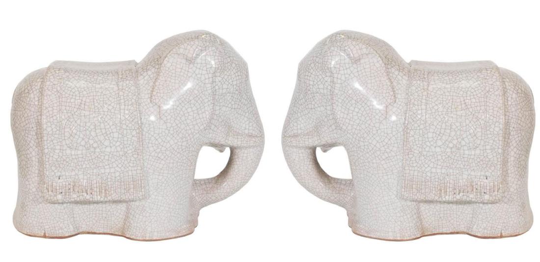 Crackle Glaze Elephant Ceramic Garden Stools, Pr: Vintage circa 1950's pair of ceramic sculptural garden stools designed as elephants, with crackle (craquelure) glaze. In good vintage condition, some wear to bases, including presence of minor chips. 