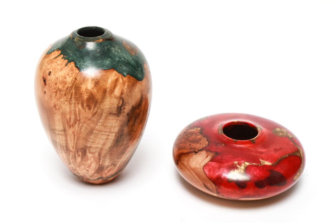 Robert W. Chatelain Wood & Resin Vessels, 2: Two Robert W. Chatelain vessels, one black cherry wood, red resin and gold leaf, one red maple wood and dark green resin, produced using his signature hybrid turning method, signed and dated "10/6/96,