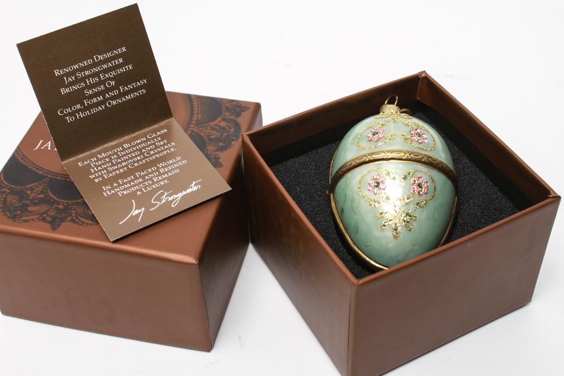 Jay Strongwater Crystal Christmas Ornament: Jay Strongwater egg-form hand-blown glass ornament with Swarovski crystal embellishment, in original box. 4" L.