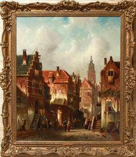 Charles Henri Joseph Leickert Street Scene Oil: Charles Henri Joseph Leickert (Dutch, 1816-1907), untitled oil on canvas, street scene, signed lower left. Image: 22.5" H x 19" W; frame: 28" H x 24.5" W.