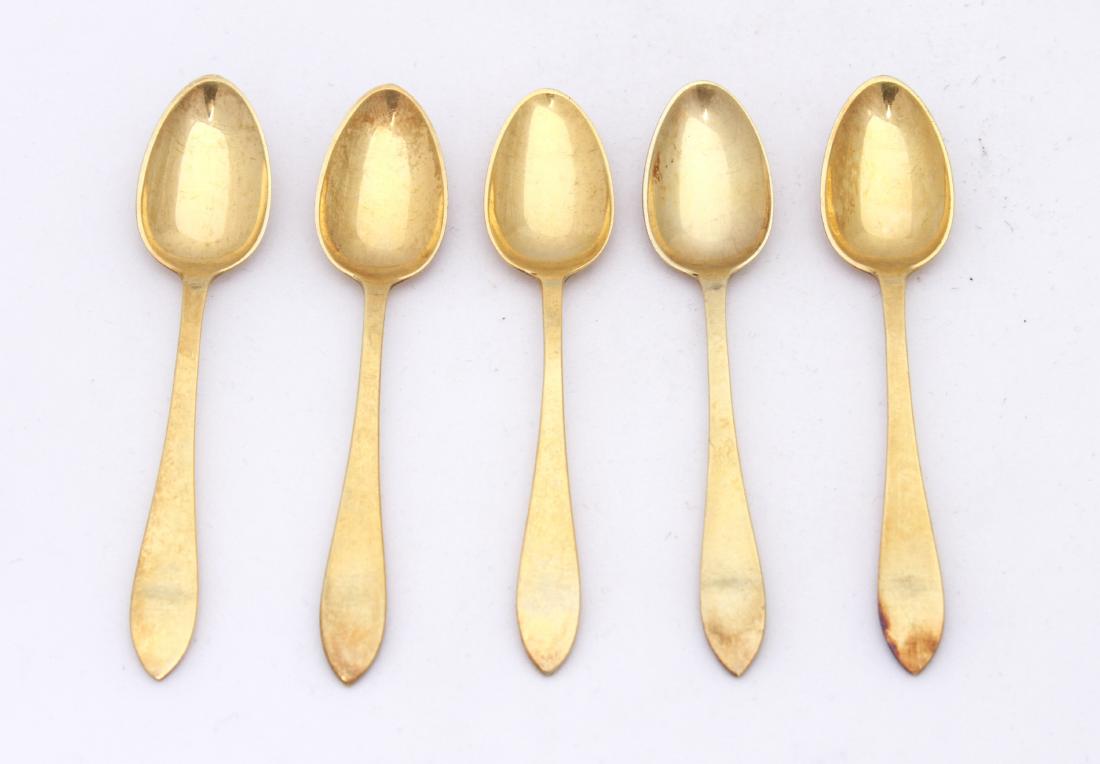 Tiffany & Co. Silver Vermeil Demitasse Spoons, 5: Tiffany & Co. Sterling silver-gilt vermeil demitasse spoons, marked, "Tiffany & Co. Sterling M." 4.25" L. Approx 2.50 ozt.