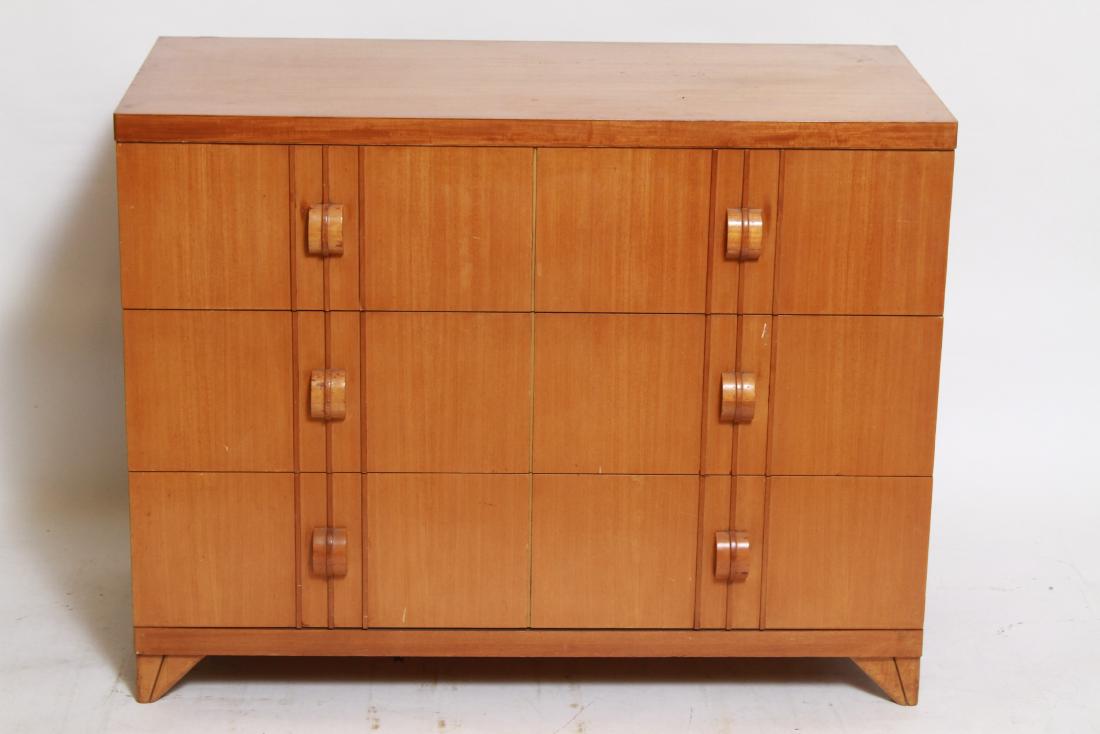 Deskey Manner American Deco Three Drawer Chest: Donald Deskey manner American deco three drawer dresser chest with demilune pulls and vertical ribbing detail. 32" H x 42" W x 20" D.