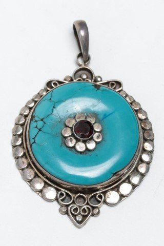 Tibetan Silver Pendant, w. Turquoise & Garnet (1 of 5)