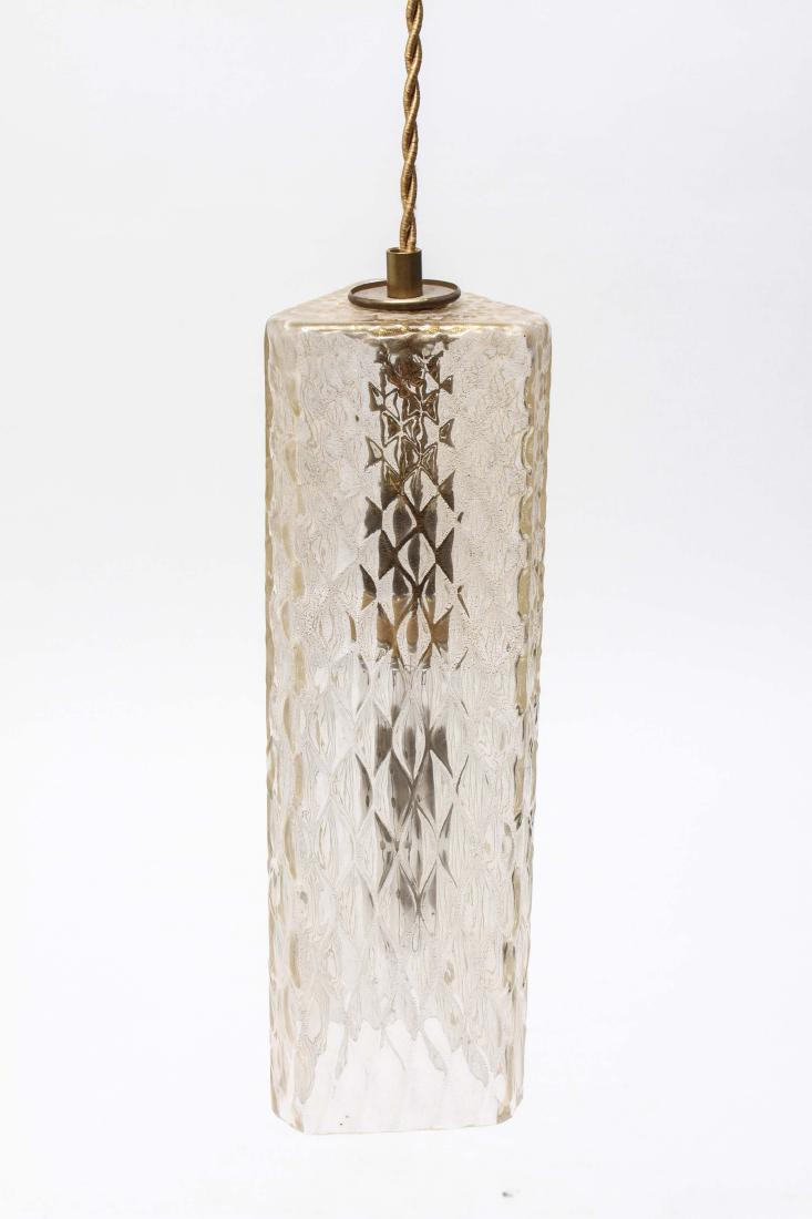 Murano Italian Art Glass Pendant Fixture: Murano Venetian Italian art glass cylindrical hanging light, the diapered sides with inclusive gold flecks, on a golden thread-wrapped cord with plug. Cylinder: 11.5" H.