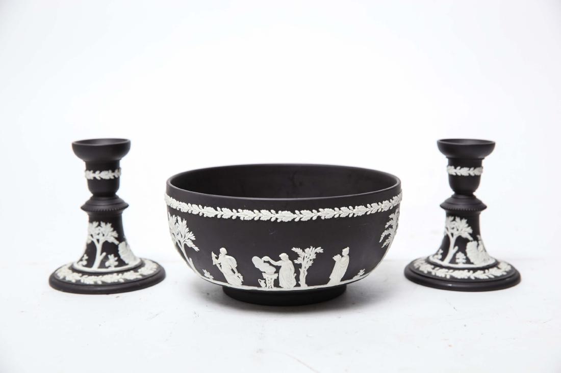 Wedgwood Black Basalt Bowl & Pair Candlesticks (1 of 18)