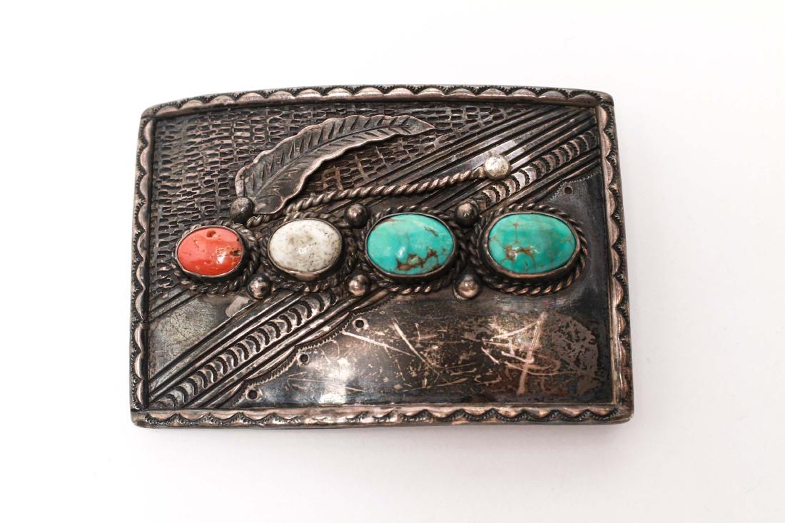 Navaho Old Pawn Silver Coral Turquoise Belt Buckle: American Indian Navaho Southwestern old pawn sterling silver, coral and turquoise rectangular belt buckle, reverse, stamped, "R." 2.25" H x 3.5" W. Silver tested; approx 2.85 ozt inclusive.