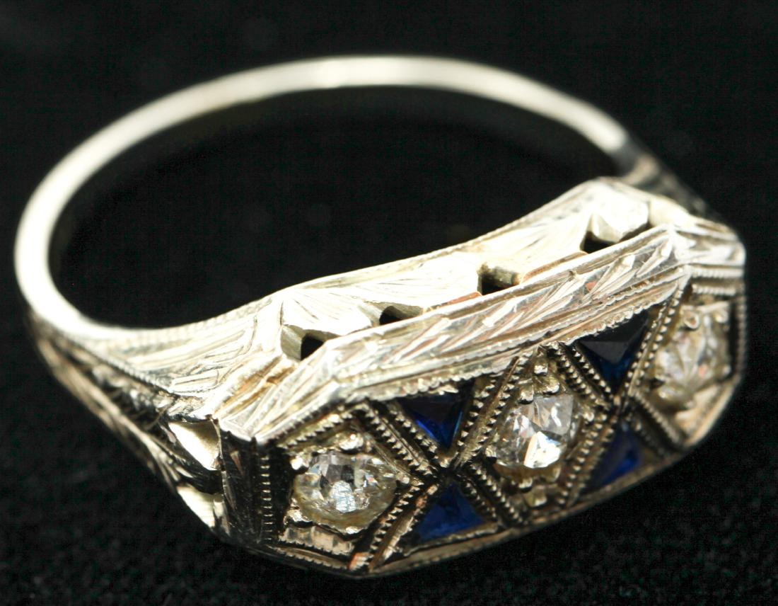 Art Deco Belais 18K Gold Diamonds & Sapphires Ring (1 of 7)