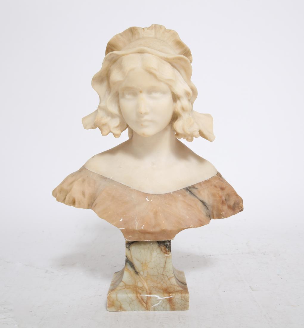 Carved Bust of a Young Woman Girl w Hat Alabaster: Carved alabaster bust of a young woman / girl wearing a hat on a marble plinth. 18" H x 14" W x 9" D.