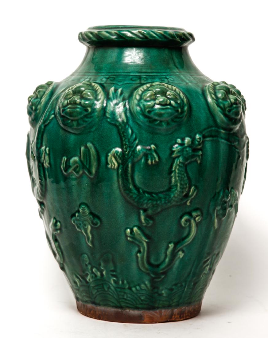Asian Green-Glazed Pottery Storage Jar w Dragons (1 of 9)