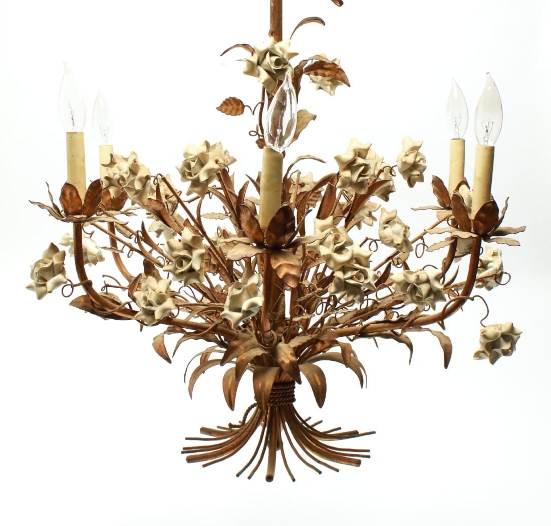 Six-Light Chandelier Gilt-Tole & Porcelain Roses (1 of 8)