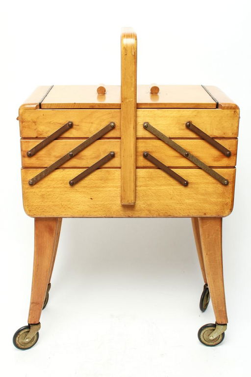 German Wood Fold Out Sewing Box On Wheels Vintage German Wood Fold Out Sewing Box On Wheels Vintage
