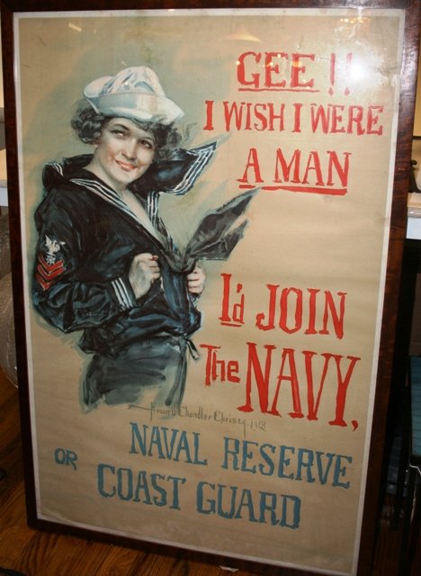Howard Chandler Christy US Naval Poster, 1918: Howard Chandler Christy US Naval Poster, 1918"Gee!!! I wish I were a man. I'd join the Navy."40 x 27Naval reserve or coastguardRepair to upper portion of posterFramed43" x 28" Serial#/Vin: 115-1