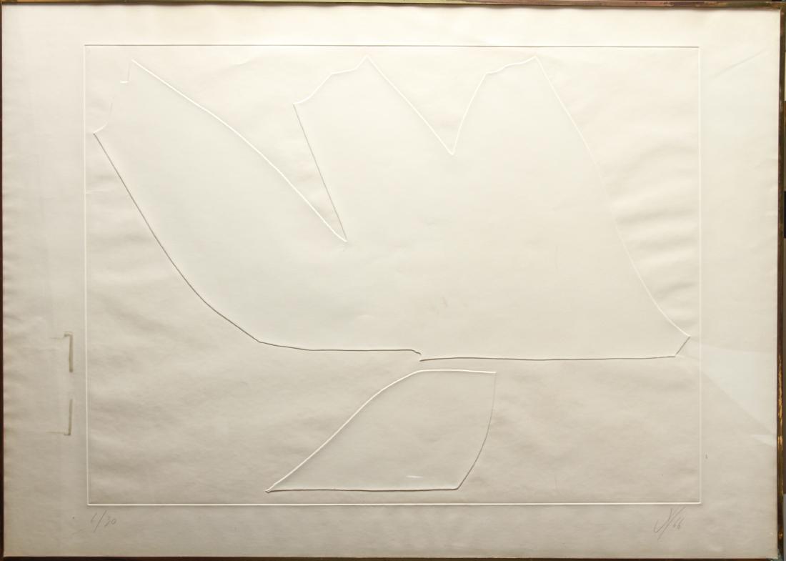 Jack Youngerman Embossed Abstract Print on Paper: Jack Youngerman (American, b. 1926) "Untitled," white-on-white embossed abstract geometric print on paper, pencil-initialed and dated "JY 66" in the lower right corner, pencil-numbered "6/30" lower le