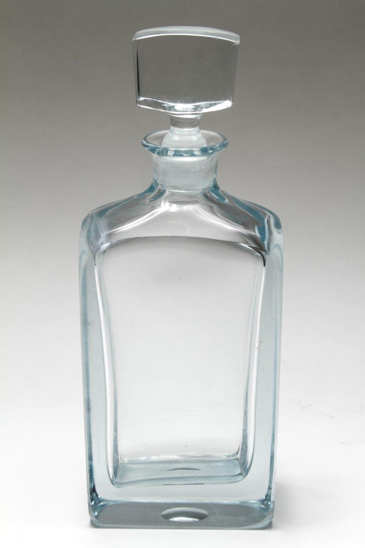Swedish Modern Strombergshyttan Art Glass Decanter: Mid-Century Swedish Scandinavian Modern Strombergshyttan ice blue-tinted art glass decanter #E201, hand-blown, the underside with ground-out pontil mark and acid-etched "Strombergshyttan E201." Heavy 