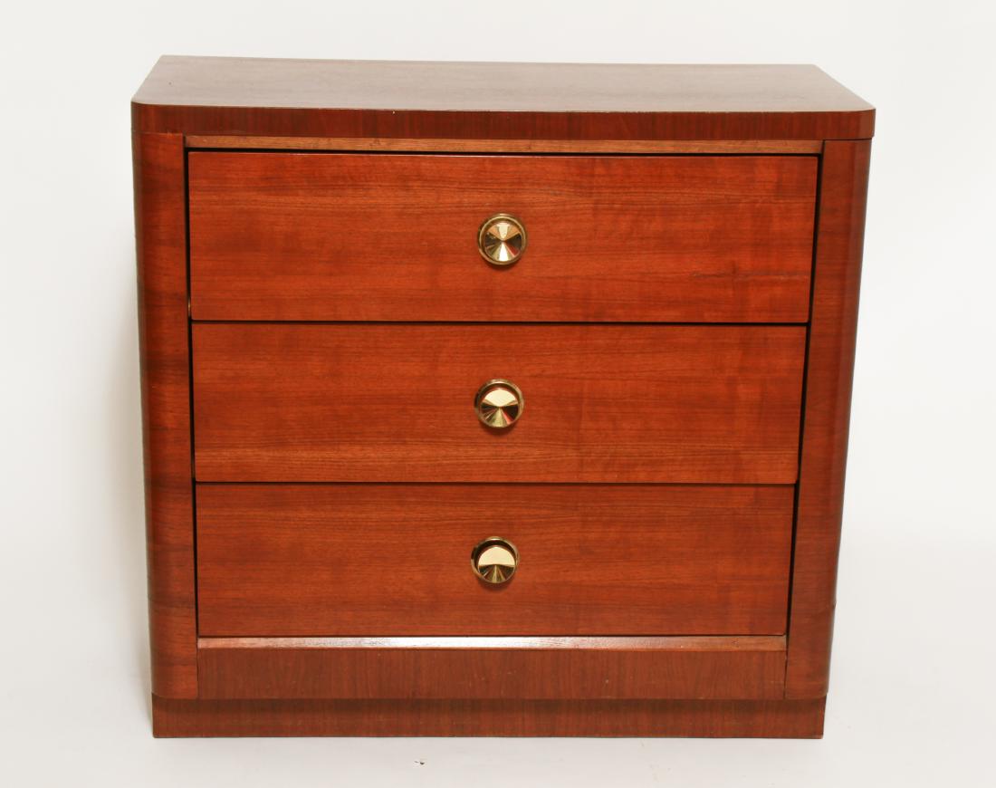 Art Deco Walnut Low Chest of Drawers: Art Deco walnut low chest of drawers with three overlapping long drawers centering large gilt brass pull handles, the top drawer with divider and orange plastic cufflink holder cup. 34" H x 36" W x 18