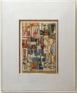 Addie Herder Modern Abstract Collage Mixed Media: Addie Herder (American, 1920-2009) Modern abstract collage composition, signed and dated, “A. Herder 1964” at bottom, mixed media on board including cigar wrappers, stamps, foil, etc., floating mo