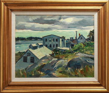 John Folinsbee "Kennebec" Oil on Board: John Folinsbee (1892-1972) “Buildings on the Kennebec,” 1936, signed lower right, title and inscription “(painted in D.G + Bath – 1936)” on reverse, also with exhibition label attached to st