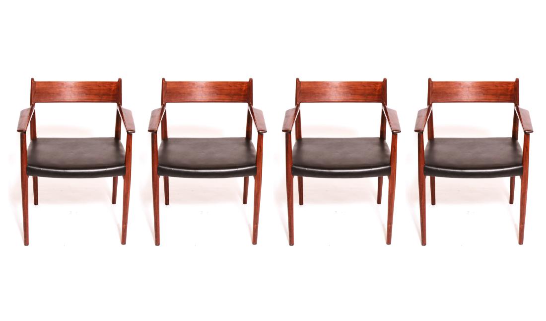 Arne Vodder / Sibast Danish Modern Chairs Set of 4: Four Arne Vodder for Sibast Danish Modern teakwood and black leatherette-upholstered armchairs, vintage 1960s, the undersides with original black and silver foil labels marked "Danish Furniture Makers