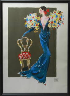 M. Vollbracht for Bob Mackie Fashion Ill. Gouache: Michaele Vollbracht (American, 1947-2018) fashion illustration for Bob Mackie, possibly for Cher, mixed media / pencil, gouache & watercolor on Arches paper, signed in ink lower right. Sheet size: 29.