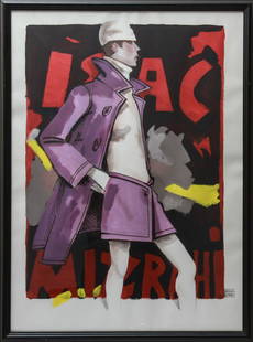 M. Vollbracht Issac Mizrahi Fashion Illus. Gouache: Michaele Vollbracht (American, 1947-2018) fashion illustration for Issac Mizrahi, mixed media / pencil, gouache & watercolor on Arches paper, signed in ink lower right. Image: 29.5" H x 21.25" W;