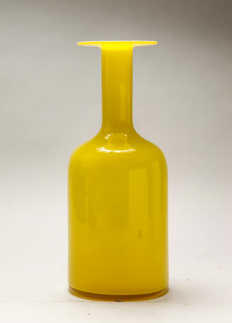 Holmegaard Danish Modern Glass Vase: Danish Modern Holmegaard cased yellow and white glass bottle vase, large version, the underside with ground-out pontil mark. 14.5" H.