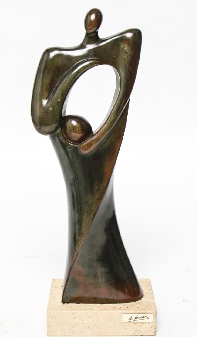 Cristina Riell Abstract Sculpture Patinated Stone: Cristina Riell (Spanish, XX-XXI) Henry Moore manner bronze-patinated stone abstract sculpture, incised on the reverse "Cristina Riell," mounted on a stone base with metal tag "A. Paor," and the sticke