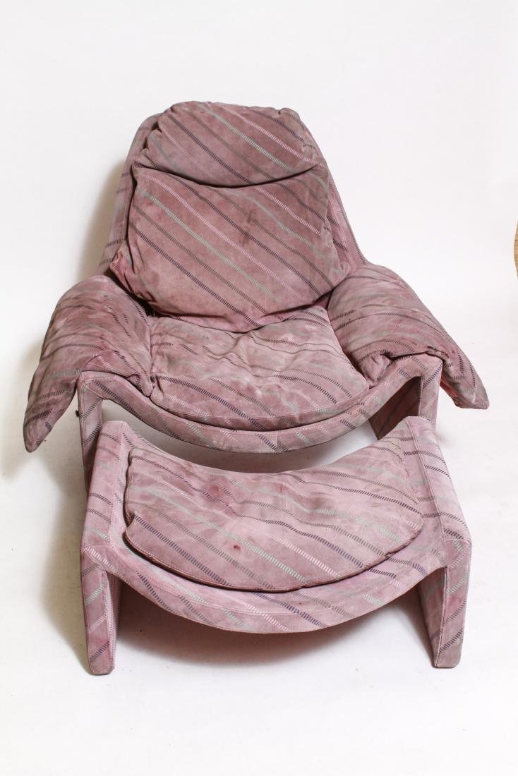 Introini for Saporiti P60 Lounge Chair and Ottoman: Vittorio Introini for Saporiti P60 lounge chair and ottoman, upholstery with linear pattern in light shades of grey, blue, purple, and pink. Chair: 31.5" H x 36" W x 32" D; ottoman: 13" H x 29.5" W x