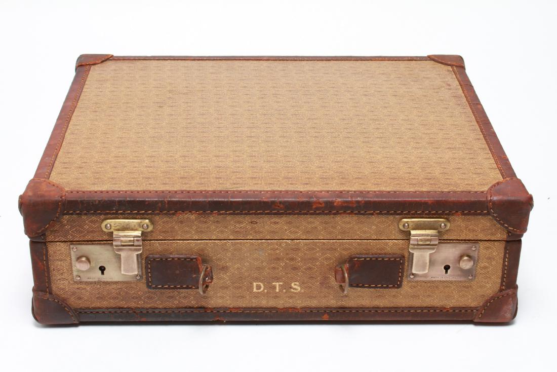 Mark Cross Hard Sided Travel Case, Vintage: Mark Cross small woven and leather trimmed hard-sided travel or overnight case, vintage, brass locks stamped "Made in England," the interior with woven "Mark Cross / New York" label and various pocket