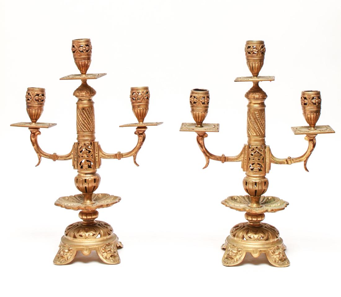 Gilt Brass Three Light Candelabras, Pair (1 of 8)