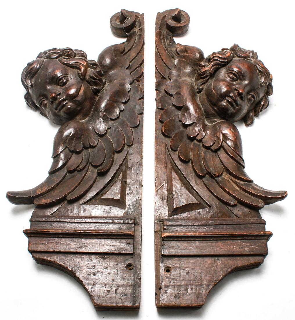 Architectural Winged Cherubs Carved Walnut Wood Pr (1 of 11)