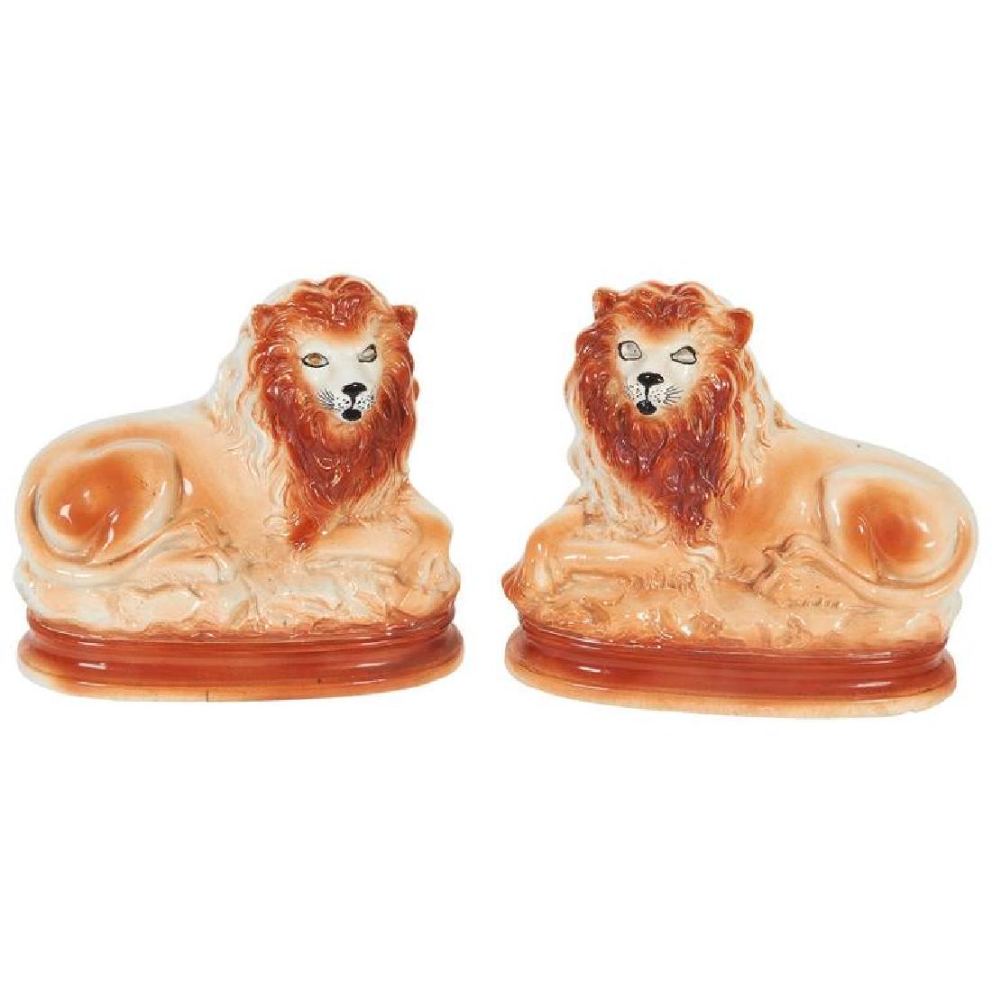 Staffordshire Ceramic Recumbent Lions, Pair (1 of 8)