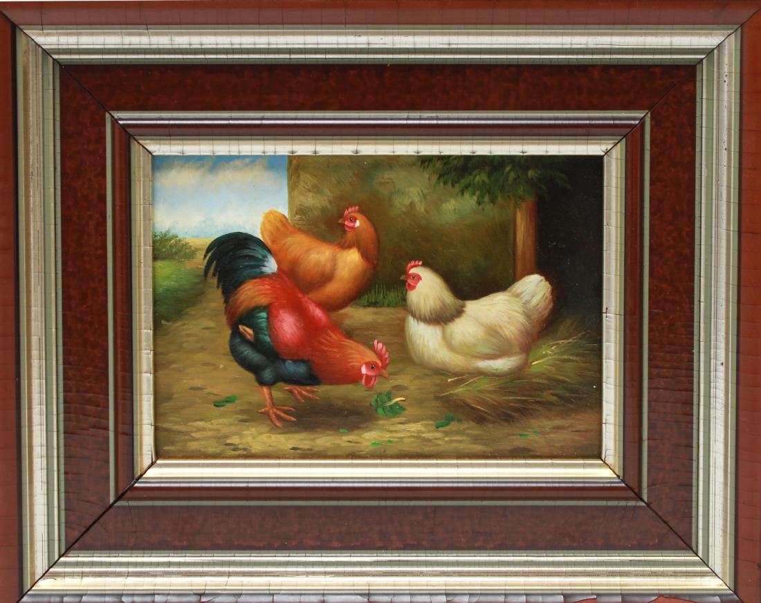 "Rooster & Two Hens / Chickens" Oil on Wood Panel (1 of 3)