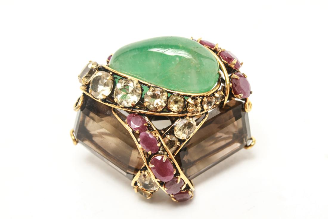 Iradj Moini Gold-Tone Ruby Citrine Quartz Ring: Iradj Moini gold-tone ring, set with rubies, citrines, green quartz / prasiolite and smoky topaz, marked on reverse: Iradj Moini." Ring size: 6.5. From the Estate of fashion executive Margot Rogoff.