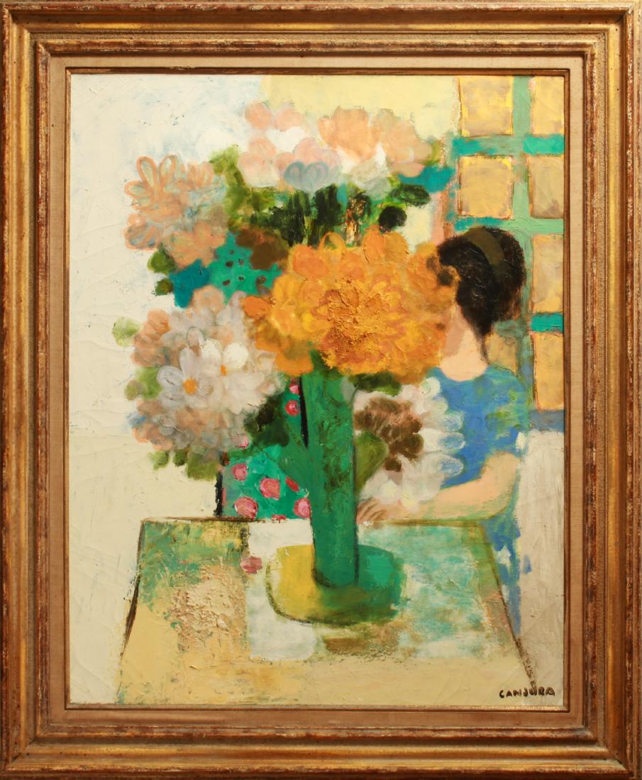 Noe Canjura Woman Arranging Flowers Oil on Canvas: Noe Canjura (El Salvador, 1922-1970) "Woman arranging flowers," interior scene with woman in blue dress arranging bright bouquet of flowers in vase on table, signed lower right "Canjura," "Findlay Gal