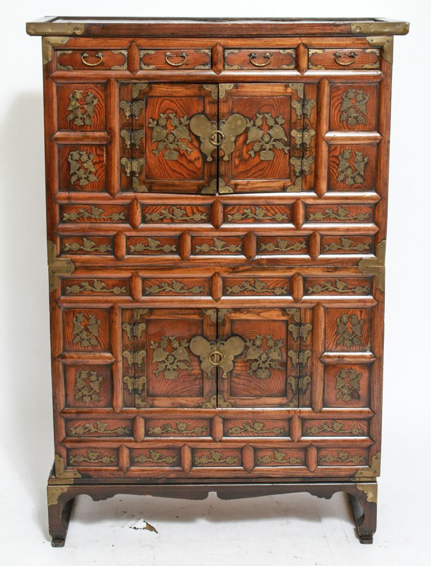Asian Double Tansu Wedding Wood Chest w Base: Asian double tansu wedding chest wood with brass and bronze hardware, on wood base. 55.25" H x 37" W x 16" D.