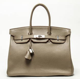 Hermès 35cm Étain Togo Leather Birkin Bag: Hermès 35cm Étain Togo leather Birkin bag with palladium hardware, turnlock closure, two rolled handles, interior with one zipper and one open pocket, date marked for 2012, includes clochette, lock