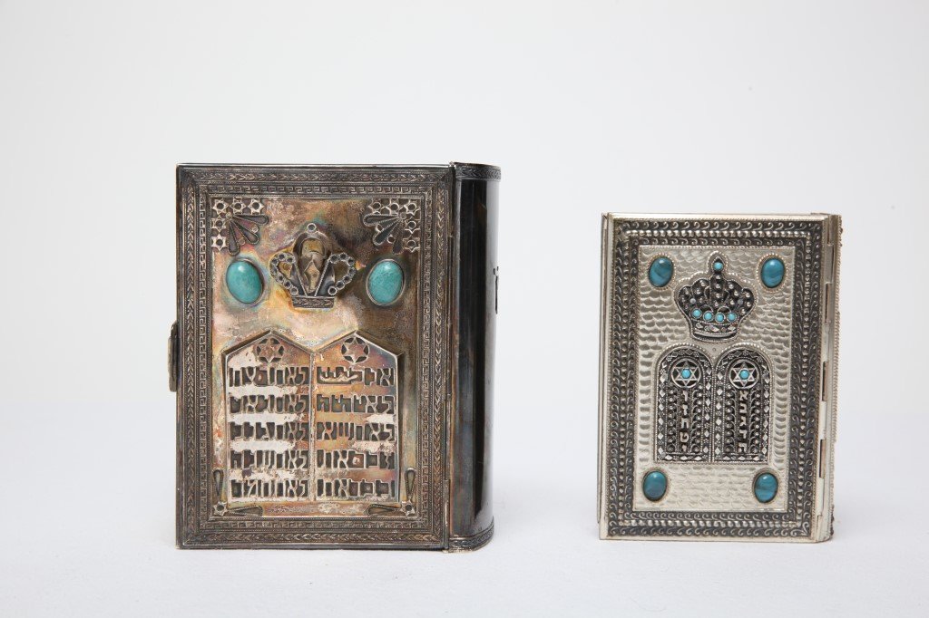 Judaica Silver Cover Hebrew Bible & Another, 2: Judaica sterling with two cabochon chrysoprase bezel mounted stones, silver book cover removable, with a crown and the commandments on front, Star of David on reverse, Hebrew bible with English transl
