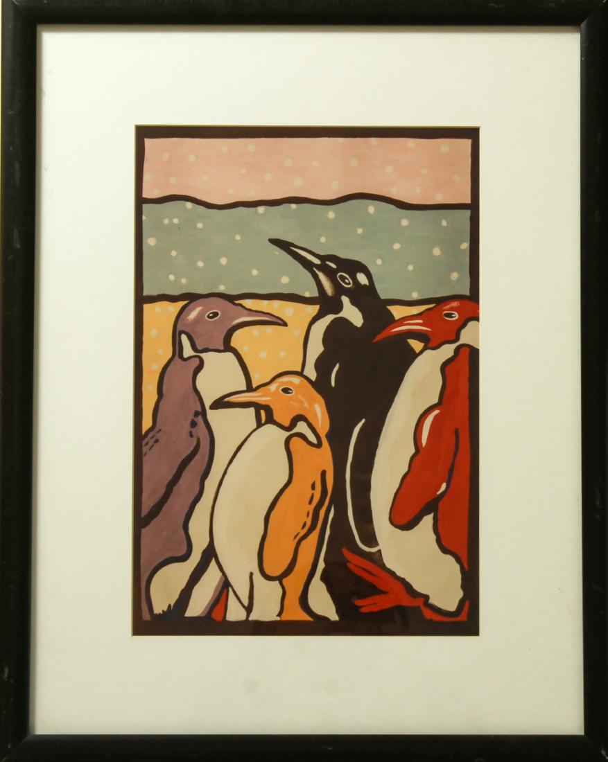 After Michael Vollbracht "Penguins" Print: After Michael Vollbracht (American, 1947-2018) "Penguins," print. Image: 14.25" H x 9.75" W; frame: 22" H x 17.5" W x .5" D. From the Estate of fashion executive Margot Rogoff.