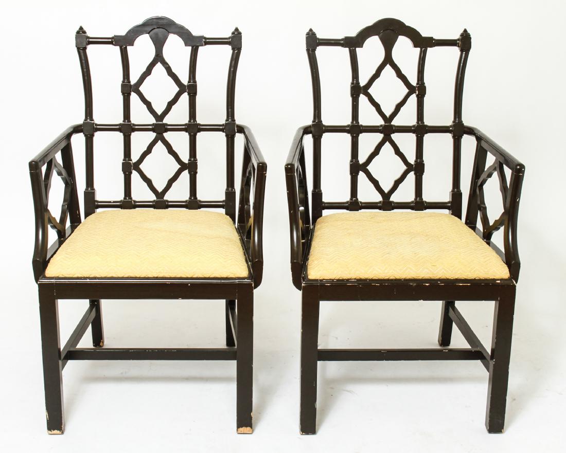 Brown Lacquered Gesso Wood Armchairs / Chairs Pair: Dark brown lacquered gesso wood armchairs / chairs with open-work backs and arms with upholstered seats. 38.5" x 24" W x 21" D.