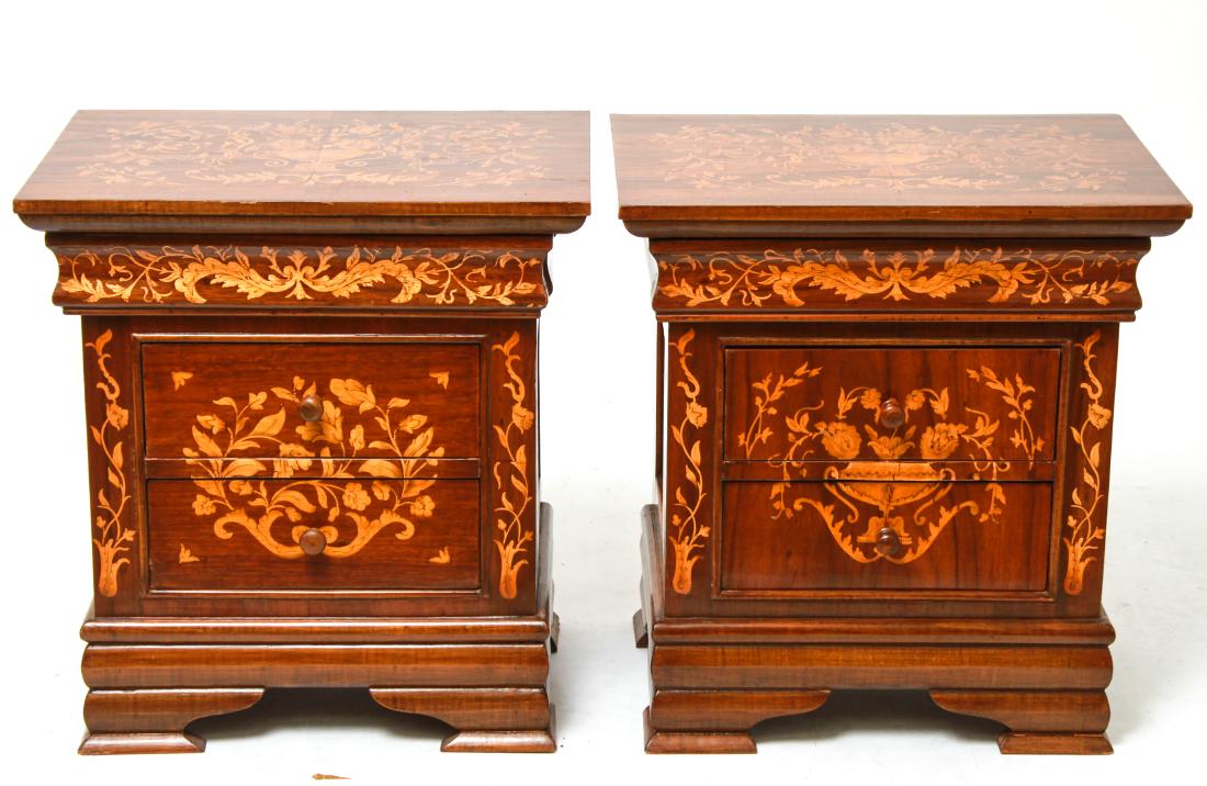 Dutch Wood Inlay Commodes / End Tables Pair: Dutch small commodes / end tables with wood inlay, two drawers each, pair. 26" H x 24" W x 16.5" D.
