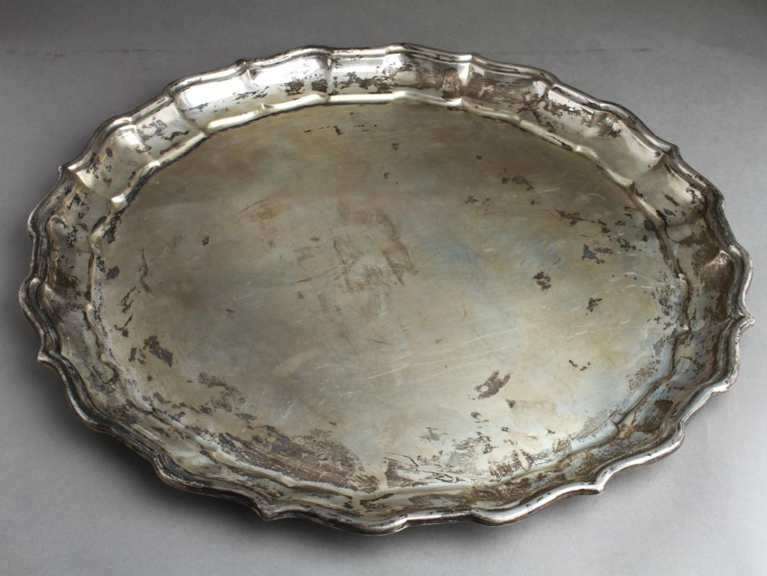 Frank Smith Silver Co. Sterling Charger Round Tray: Frank Smith Silver Co. Inc., sterling silver charger with shaped border / round tray, "Chippendale" pattern, maker's mark, Frank Smith Silver Co. Inc. - Gardner, MA in business since 1880's, marked: "