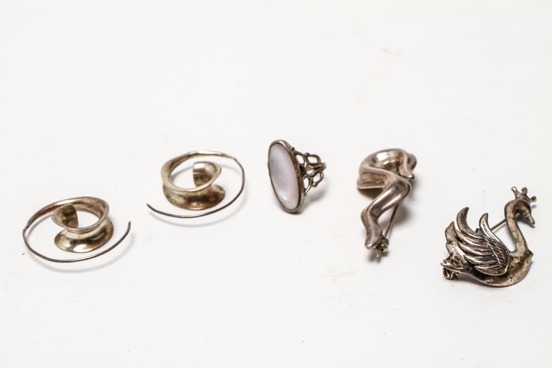 Women's Sterling Silver Jewelry w Lane RL Morris 4: Women's sterling silver jewelry, four pieces, comprising a vintage crowned swan brooch stamped "Sterling / Lane," Robert Lee Morris-stamped sterling snake pin, Karina sterling and mother of pearl ring