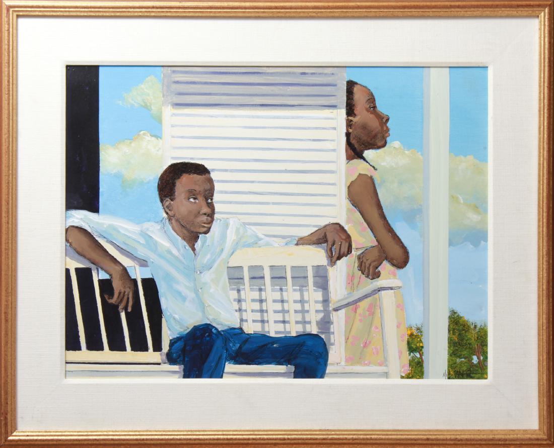 Michael A. Palmer "Franklin and Petula" Oil: Michael A. Palmer (American b. 1942), Black Americana, Illegibly signed contemporary painting, "Franklin and Petula," depicting boy on bench and girl standing with arms crossed, signature lower right,