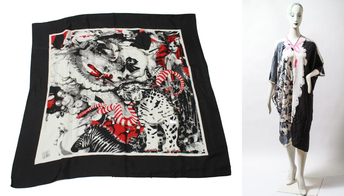 Michaele Vollbracht Caftan and Silk Scarf: Michaele Vollbracht ladies' caftan and silk scarf, caftan with printed signature in image "Michaele Vollbracht," scarf with figural and animal imagery, with printed signature in image "Very Vollbracht
