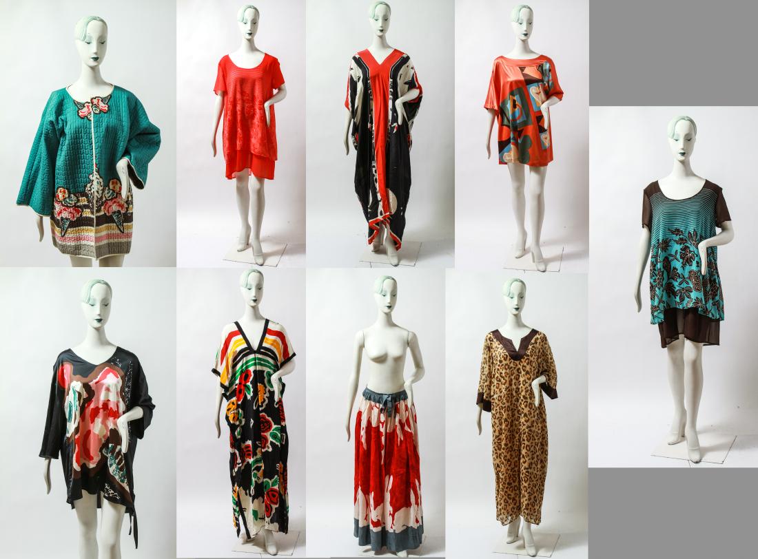 Michaele Vollbracht Ladies' Garments, Group of 9: Michaele Vollbracht ladies' garments, group of nine, many from "Very Vollbracht" collection, sized 1X and XL, including teal robe with ice cream cone and sundae motif, leopard caftan, orange short sle